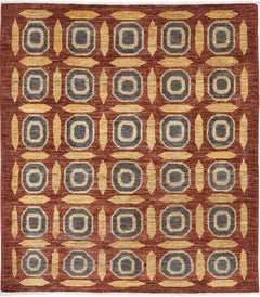 4x4.6 ft Hand Knotted Rust, Gold and Charcoal Area Rug with Geometric Design