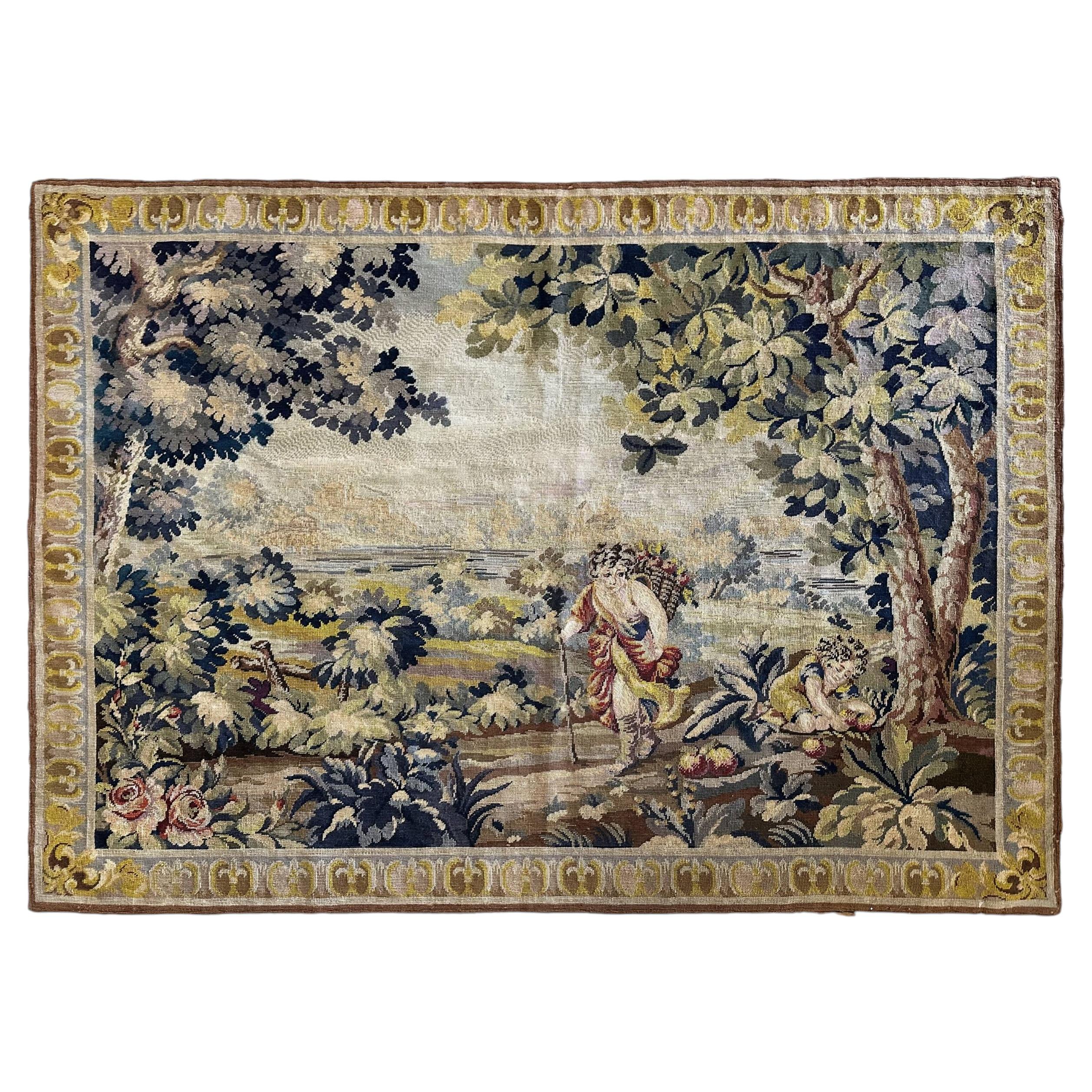 4x5 Antique English Needlepoint Tapestry Verdure Scenery 115cmx155 cm c.1890 For Sale