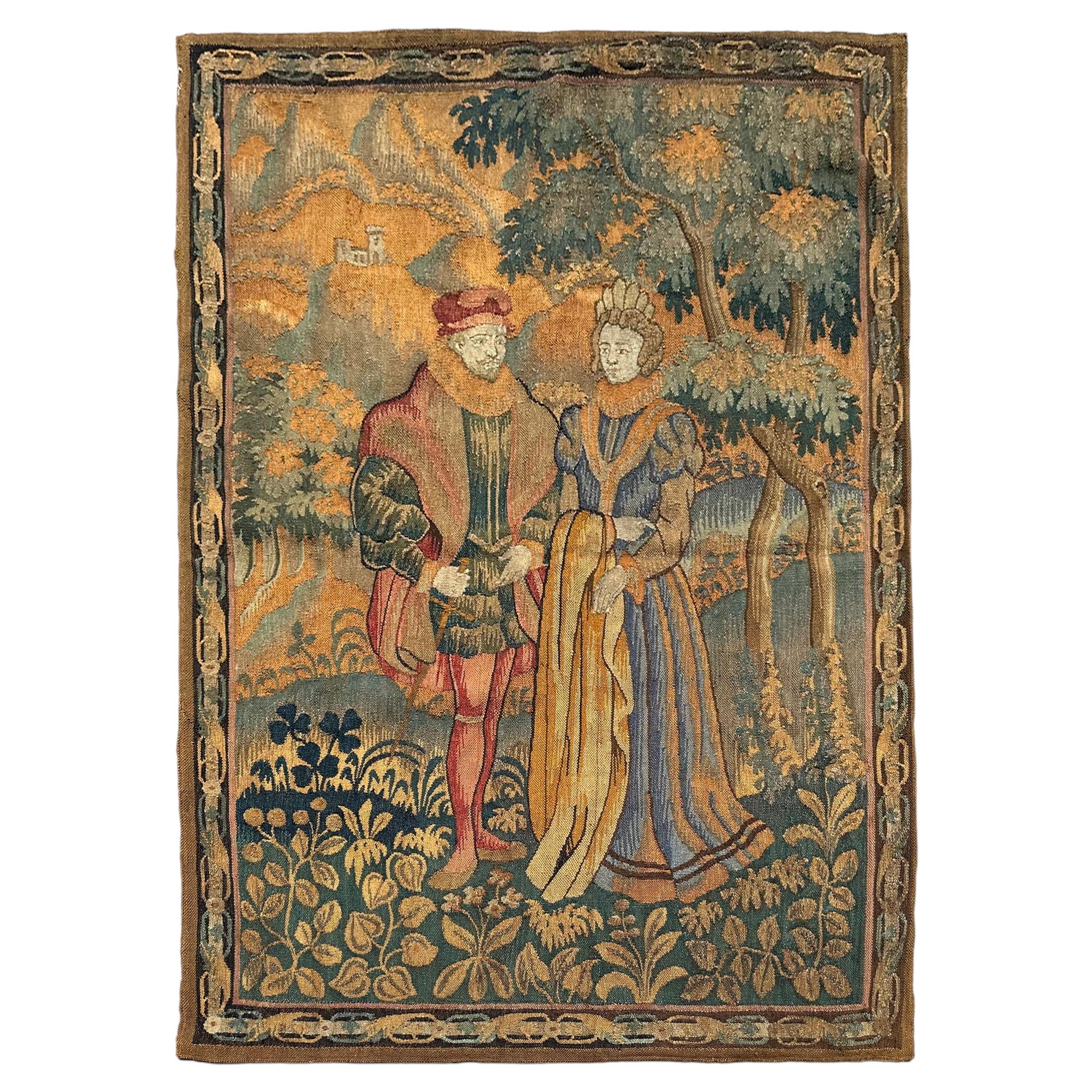 4X5 Antique French Tapestry Medeval Romantic Renaissance Attire Millefleurs For Sale