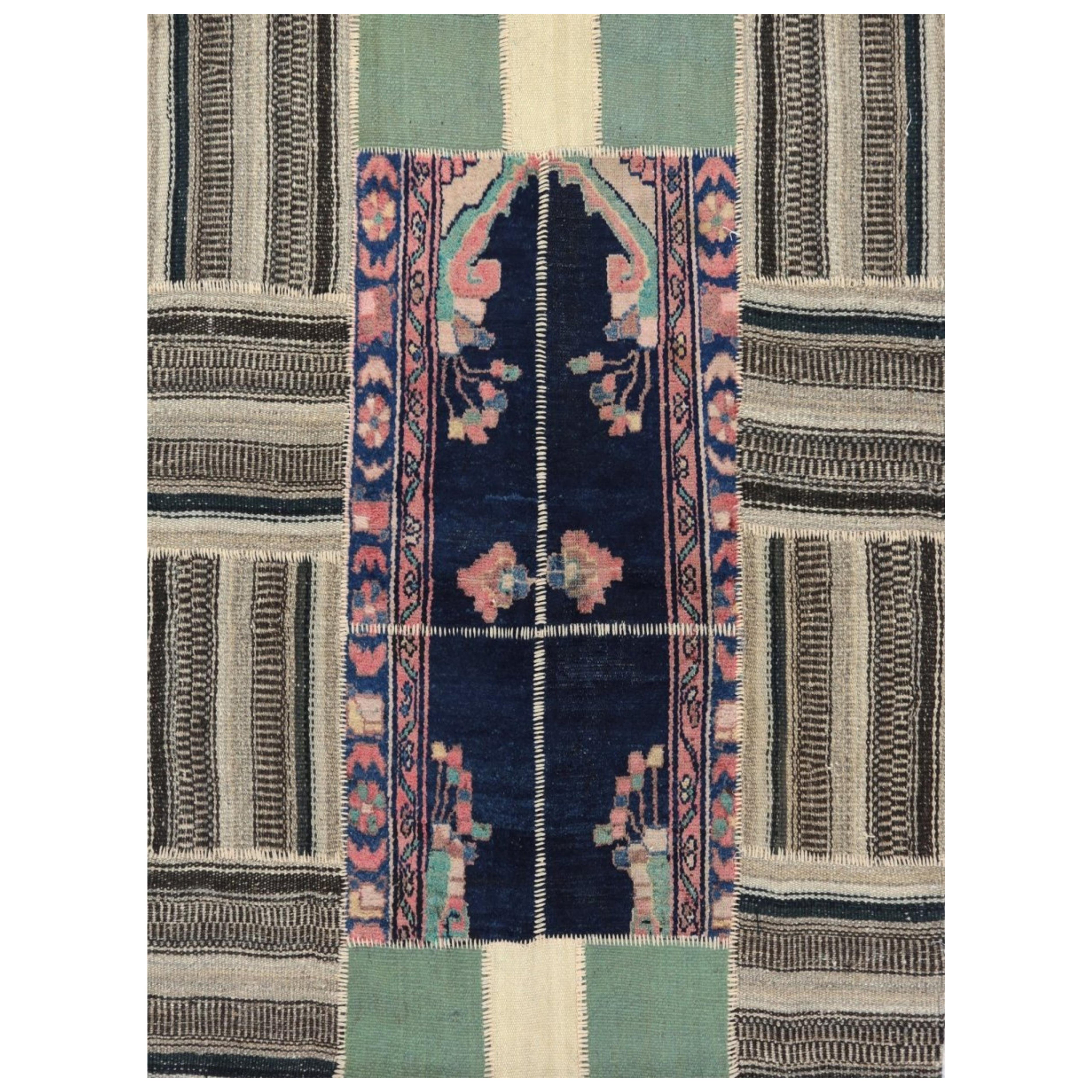 4x5 Hand-Knotted Vintage Kilim Patchwork Area Rug For Sale