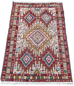 4x5 Vintage Silk Soumak Rug Birds Persian Artistic Tapestry 105cmx48cm c.1960