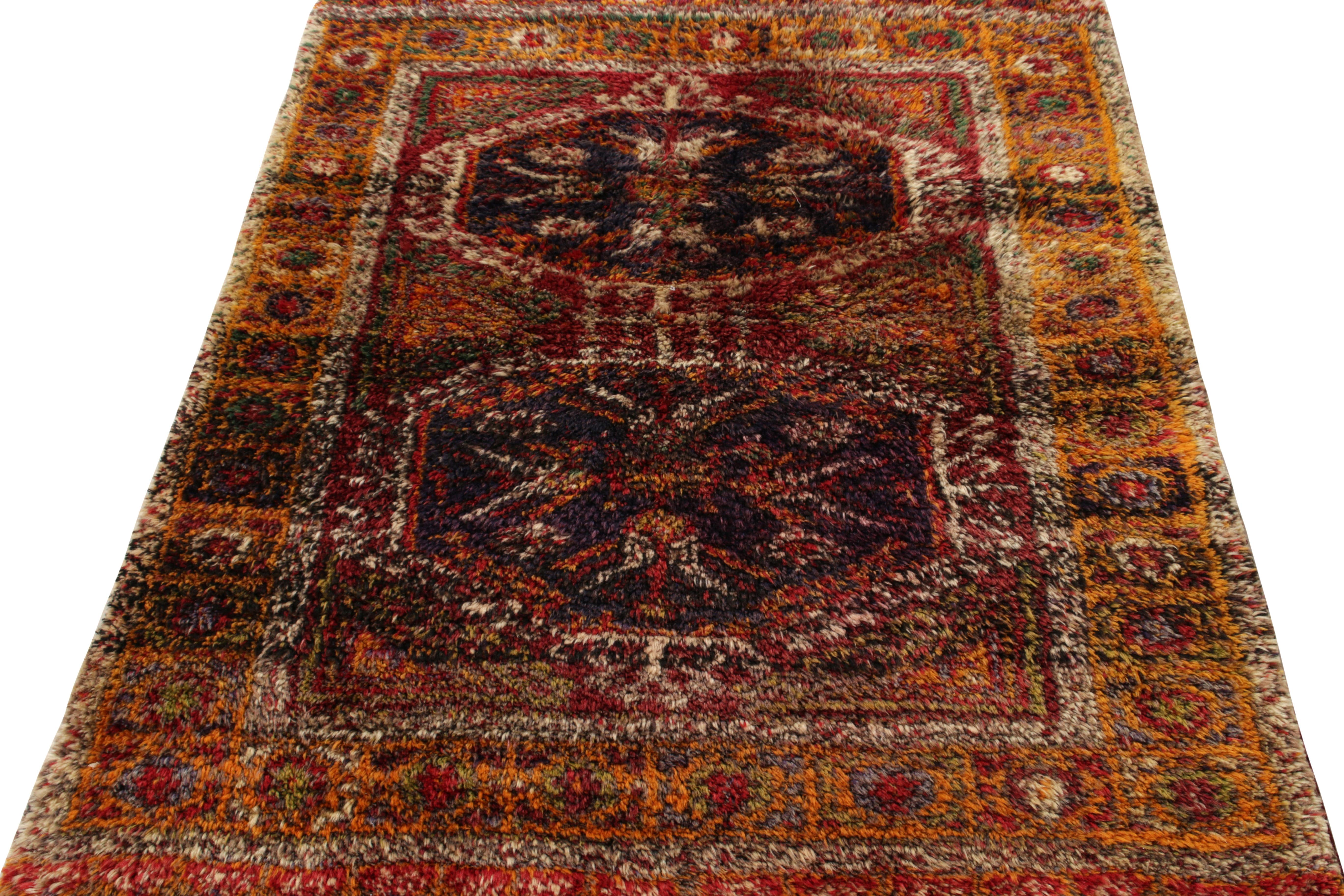Hand-knotted in luscious, sheen wool, this 4x5 Turkish vintage Tulu rug revels in the warmth and rustic appeal of traditional geometric patterns relishing a soft & comforting pile. Originating circa 1950-1960, witnessing an enticing colorplay of