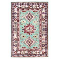 4'x5'10" Aqua Green Kazak with Tribal Medallions Design Tapis de laine noué à la main
