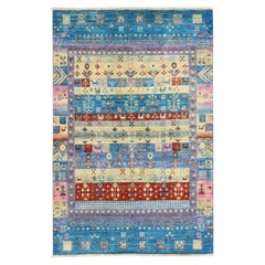 4'x5'10" Blue Kashkuli Gabbeh with Animal Figurines Hand Knotted Pure Wool Rug