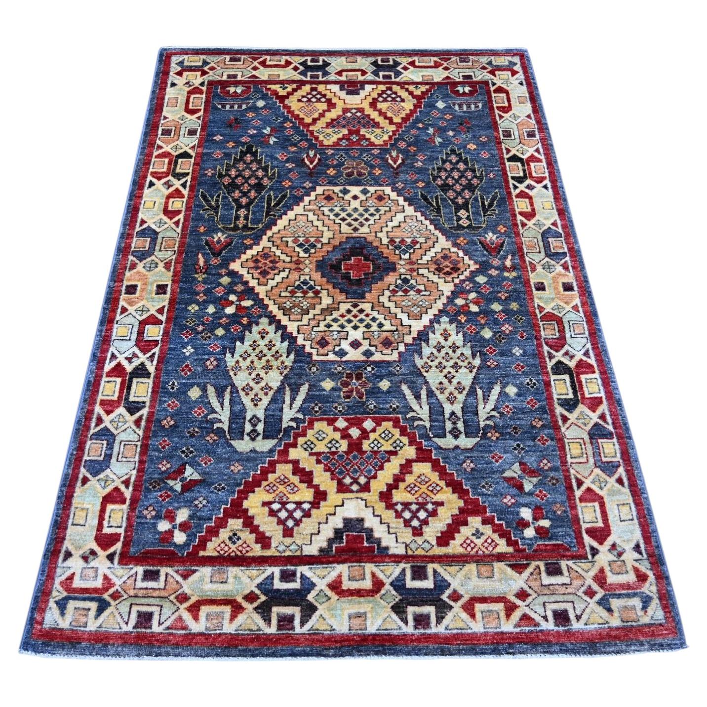 4'x5'10" Blue Northwest Persian Design Hand Knotted Soft Wool Oriental Rug