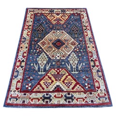 4'x5'10" Blue Northwest Zoroastrian Design Hand Knotted Soft Wool Oriental Rug