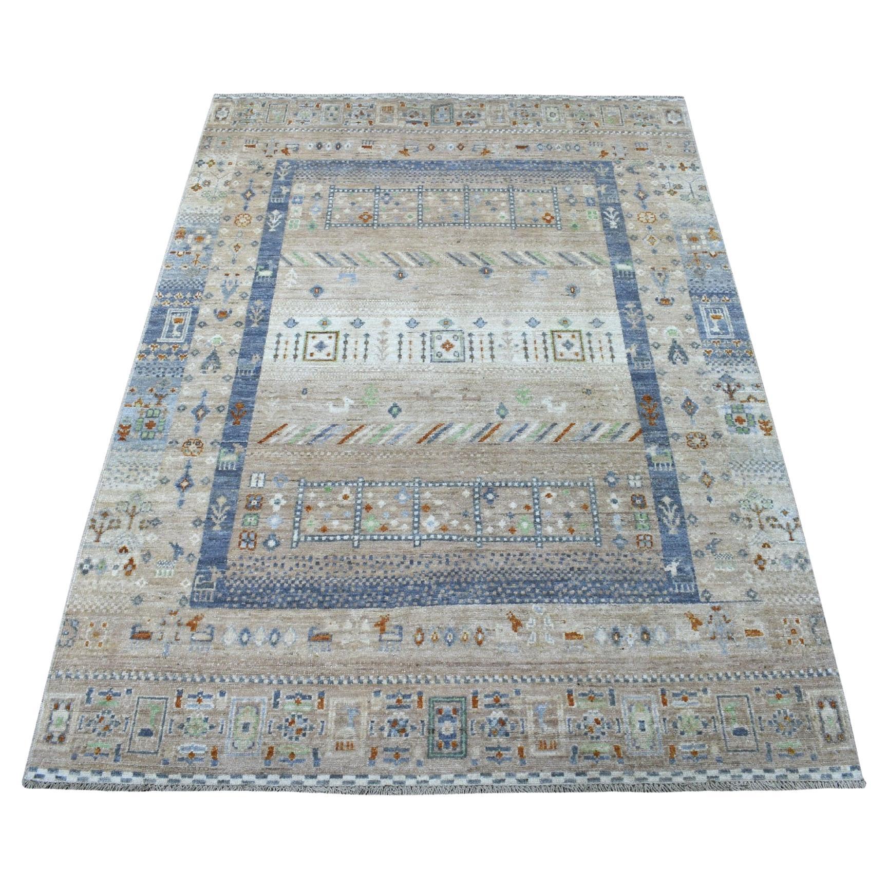 4'x5'10" Brown Wool Kashkuli Gabbeh With Small Animal Figurines HandKnotted Rug For Sale