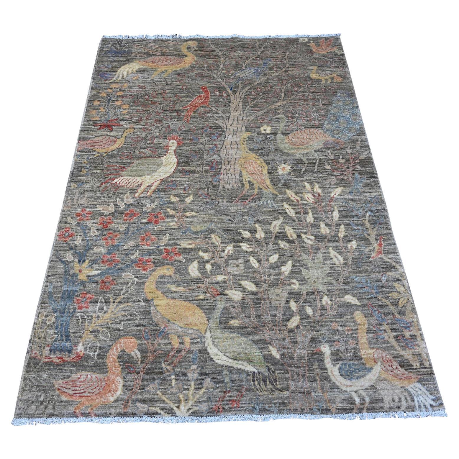 4'x5'10" Cannonball Gray Wool Peshawar Birds Paradise Hand Knotted Oriental Rug