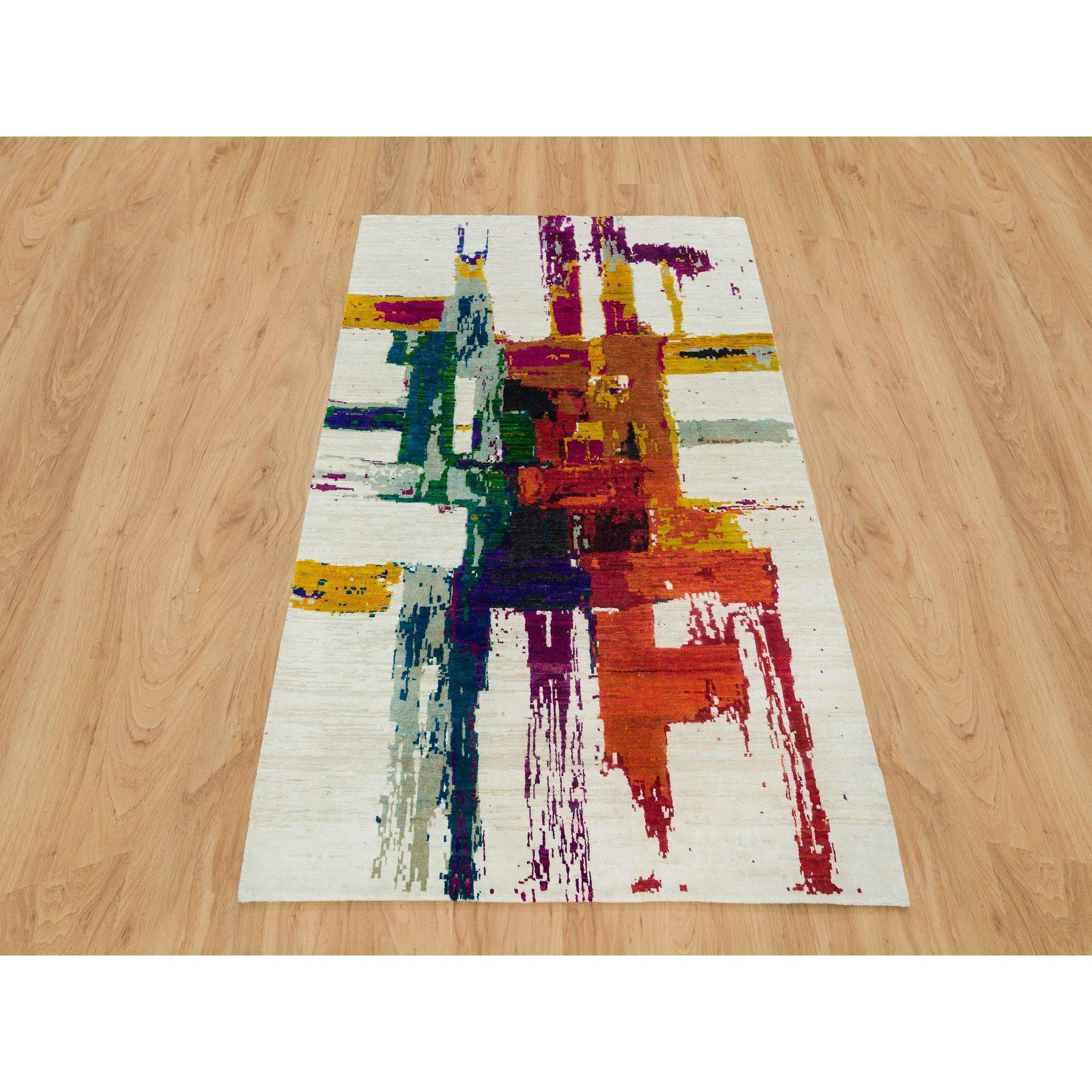 This is a truly genuine one-of-a-kind Wool and Sari Silk, Hand Knotted, Modern Abstract Motifs Painter's Brush Strokes, Oriental Rug. It has been Knotted for months and months in the centuries-old weaving craftsmanship techniques by expert