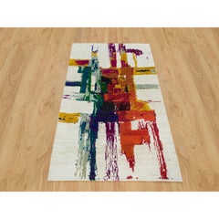 4'x5'10" Castle Ivory Abstract Motifs Wool and Sari Silk Hand Knotted Rug