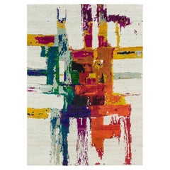 4'x5'10" Castle Ivory Abstract Motifs Wool and Sari Silk Hand Knotted Rug