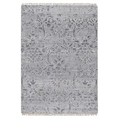 4'x5'10" Cloud Gray Damask Design Hand Knotted Wool and Silk Oriental Rug