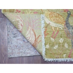 4'x5'10" Green Peshawar Birds of Paradise Design Hand Knotted Soft Wool Rug
