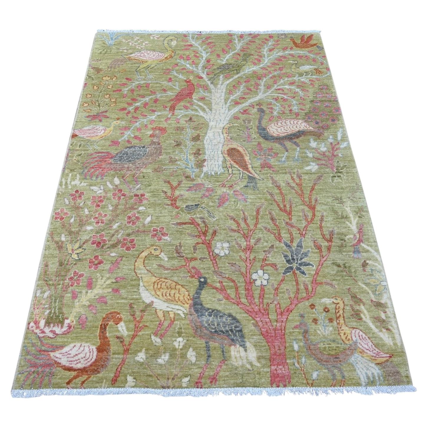 4'x5'10" Green Peshawar Birds of Paradise Design Hand Knotted Soft Wool Rug