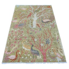 4'x5'10" Green Peshawar Birds of Paradise Design Hand Knotted Soft Wool Rug