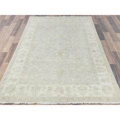 4'x5'10" Ivory, Organic Wool, Hand Knotted, Afghan Stone Washed Peshawar, Rug