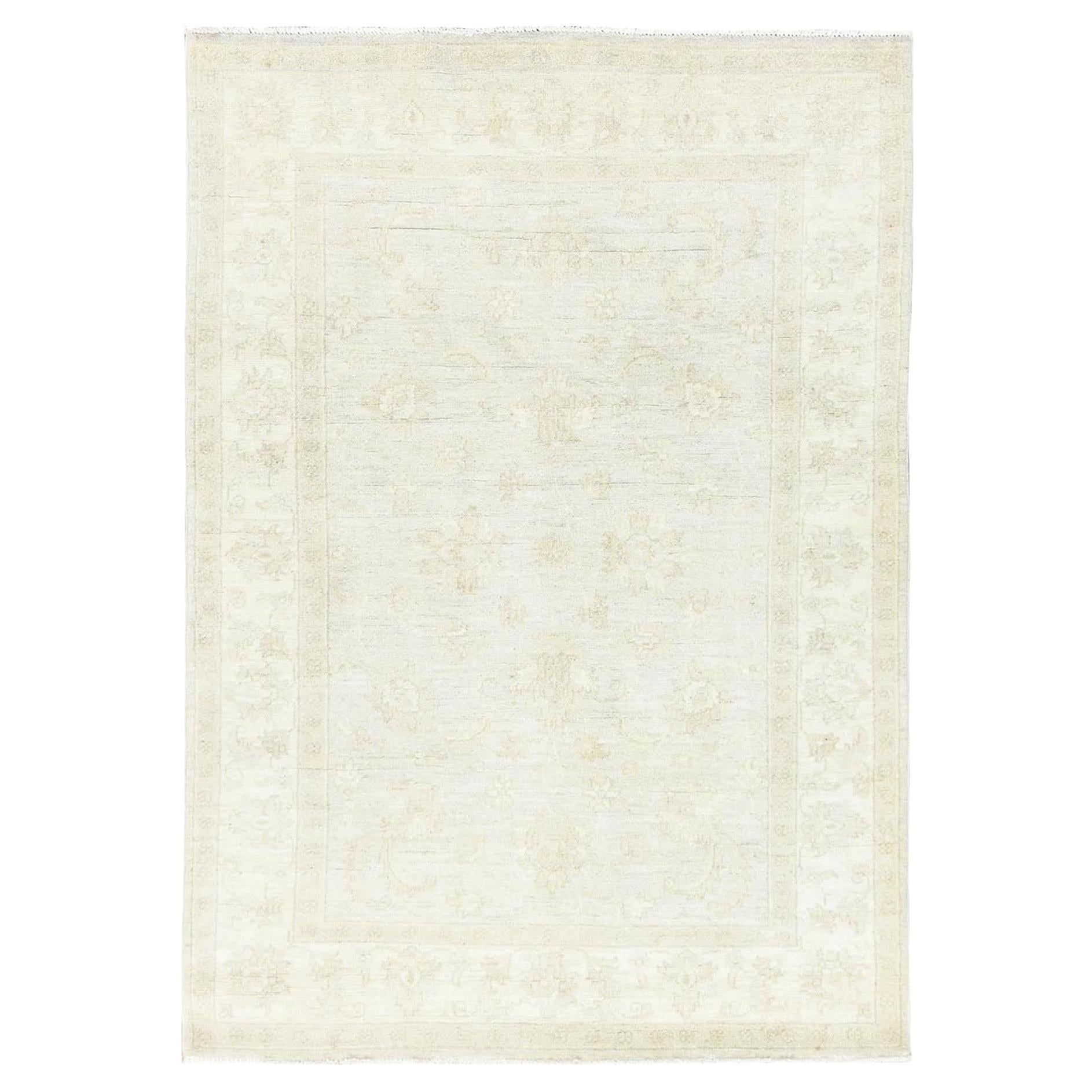 4'x5'10" Ivory, Organic Wool, Hand Knotted, Afghan Stone Washed Peshawar, Rug