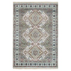 4'x5'10" Ivory Shiraz Rosettes Border Pure Wool Hand Knotted Oriental Rug