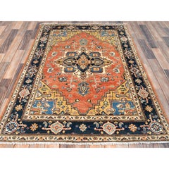 4'x5'10" Orange Hand Knotted, Natural Dyes, Wool Peshawar with Heriz Design Rug