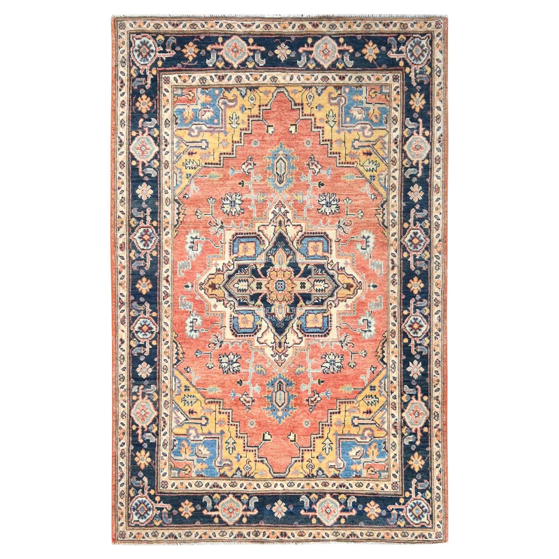 4'x5'10" Orange Tapis noué à la main, teintures naturelles, laine Peshawar avec motifs Heriz