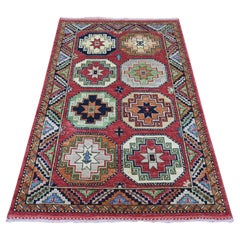 4'x5'10" Red Afghan Ersari with Elephant Feet Design Hand Knotted Pure Wool Rug