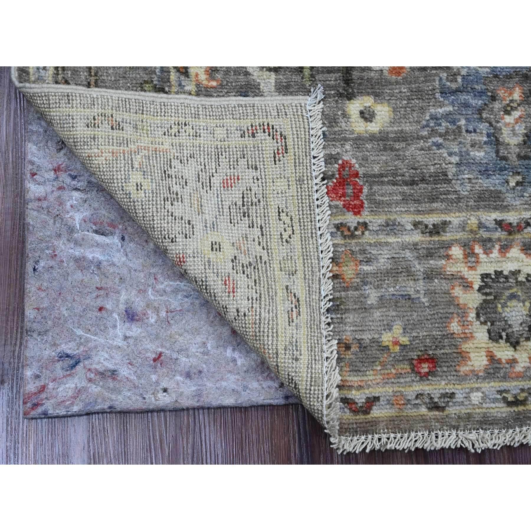 Stone Gray, Afghan Angora Oushak with Floral Design, Veggie Dyes, Hand Knotted, 100% Wool, Runner, Oriental Rug
Primary materials: Wool
Latex: No Pile 
height: 0.25 Inches
Style: Transitional
Primary color: Grey
Secondary colors: Yellow, Orange,