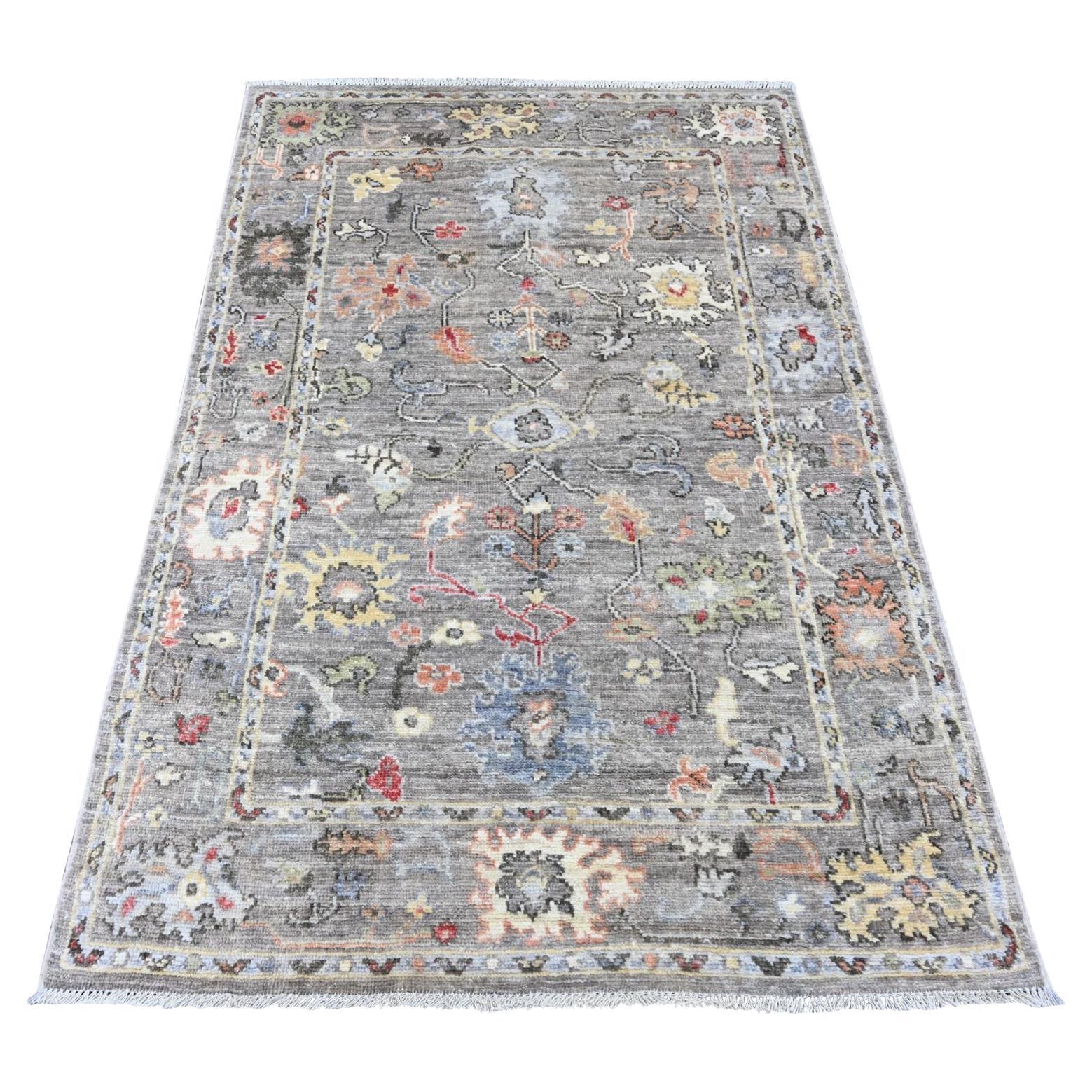 4'x5'10" Stone Gray Angora Oushak with Floral Design Hand Knotted Pure Wool Rug For Sale