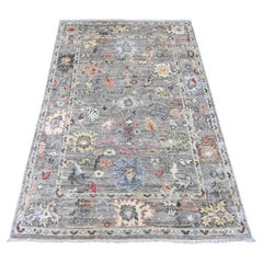 4'x5'10" Stone Gray Angora Oushak with Floral Design Hand Knotted Pure Wool Rug