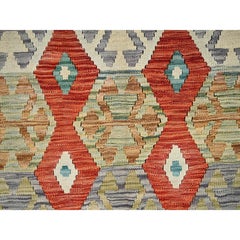 4'x5'3" Ivory Afghan Kilim with Geometric Pattern Hand Woven Pure Wool Rug