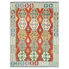 4'x5'3" Ivory Afghan Kilim with Geometric Pattern Hand Woven Pure Wool Rug