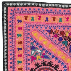 4x5.4 Ft Embroidered Silk Cotton Wall Hanging. Pink Bed Cover. Modern Tablecloth
