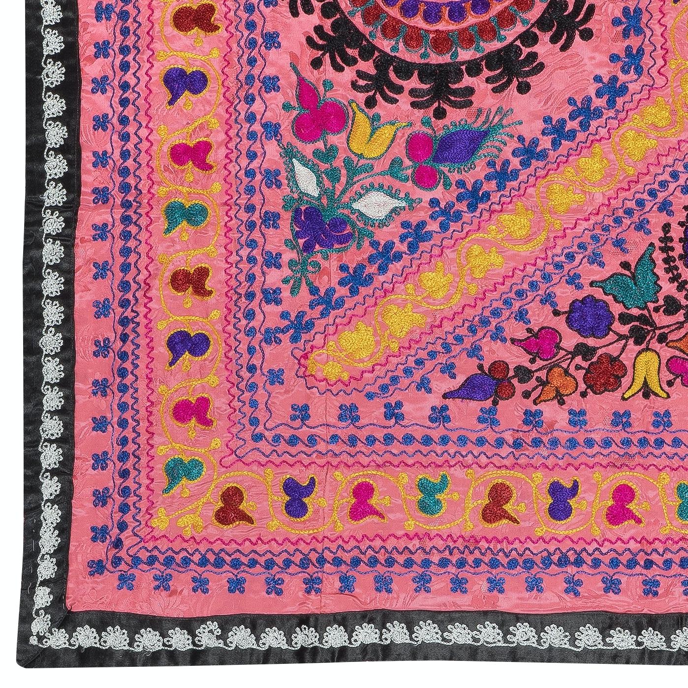 Central Asian 4x5.4 Ft Embroidered Silk Cotton Wall Hanging. Pink Bed Cover. Modern Tablecloth For Sale