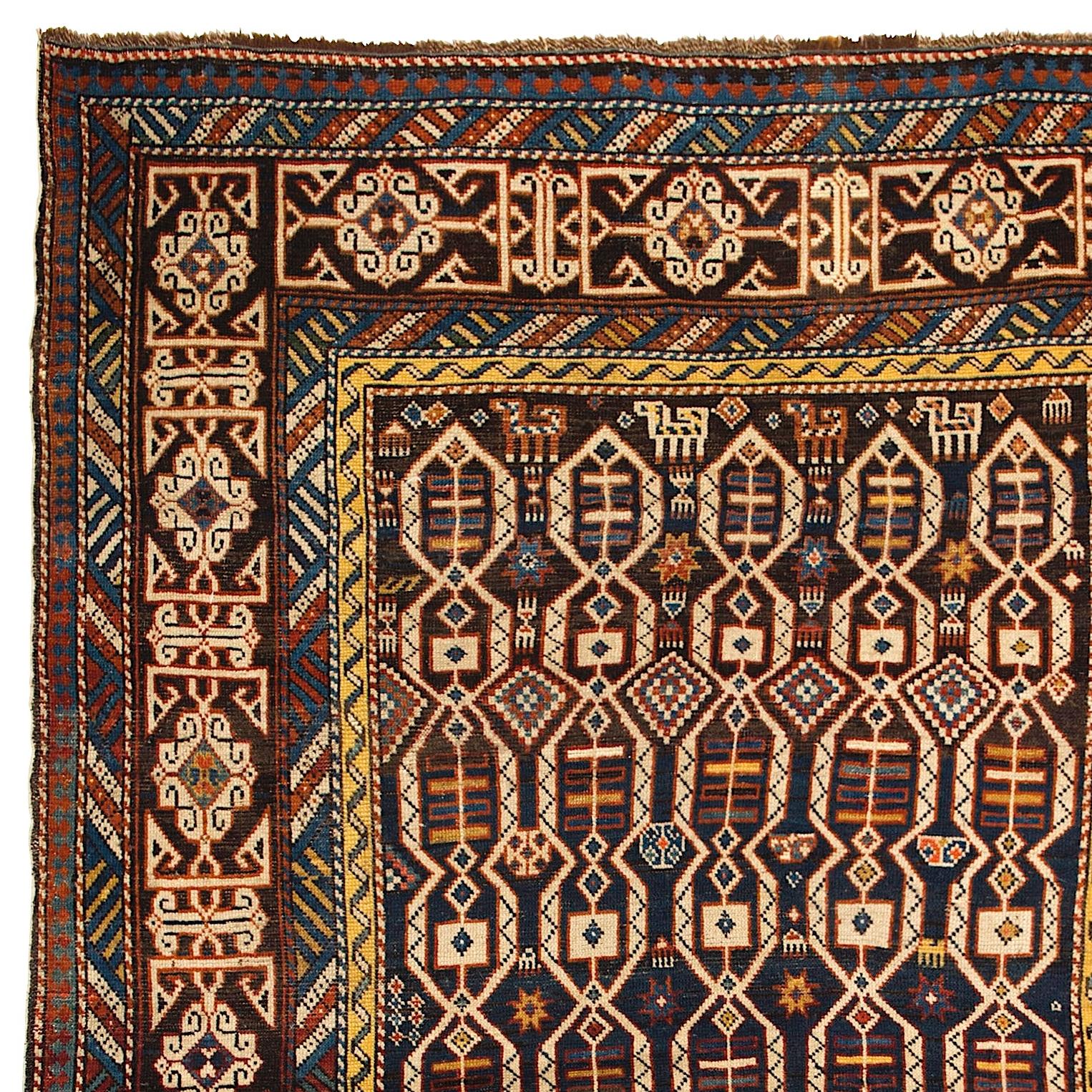 Antique Caucasian Kuba Shirvan rug, ca 1880. 
Kufic border, animals on black ground. 
Finely hand-knotted with even medium wool pile on wool foundation. Very good condition. Sturdy and as clean as a brand new rug (deep washed professionally).
Size: