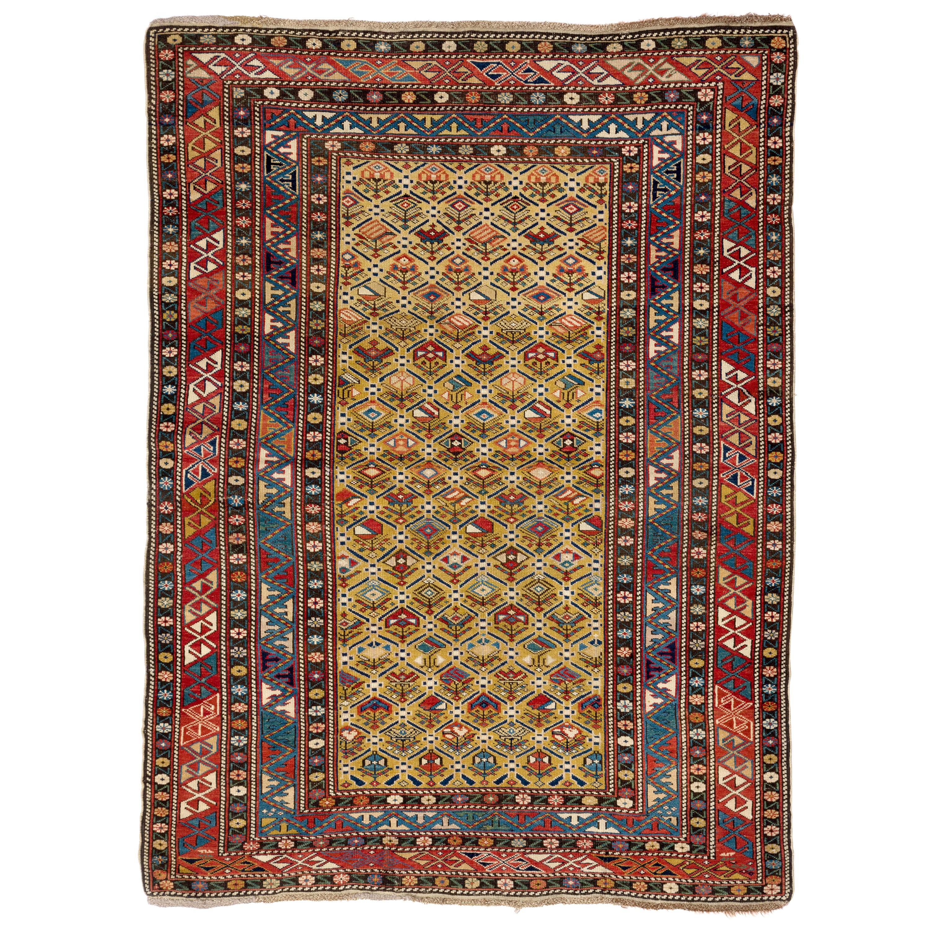 3.5x5 Ft Antique Caucasian Shirvan Prayer Rug, Rare Yellow Ground. Ca