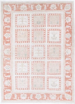 4x5.5 ft Hand Knotted Ivory, Peach, Light Blue Rug with Geometric Floral Design
