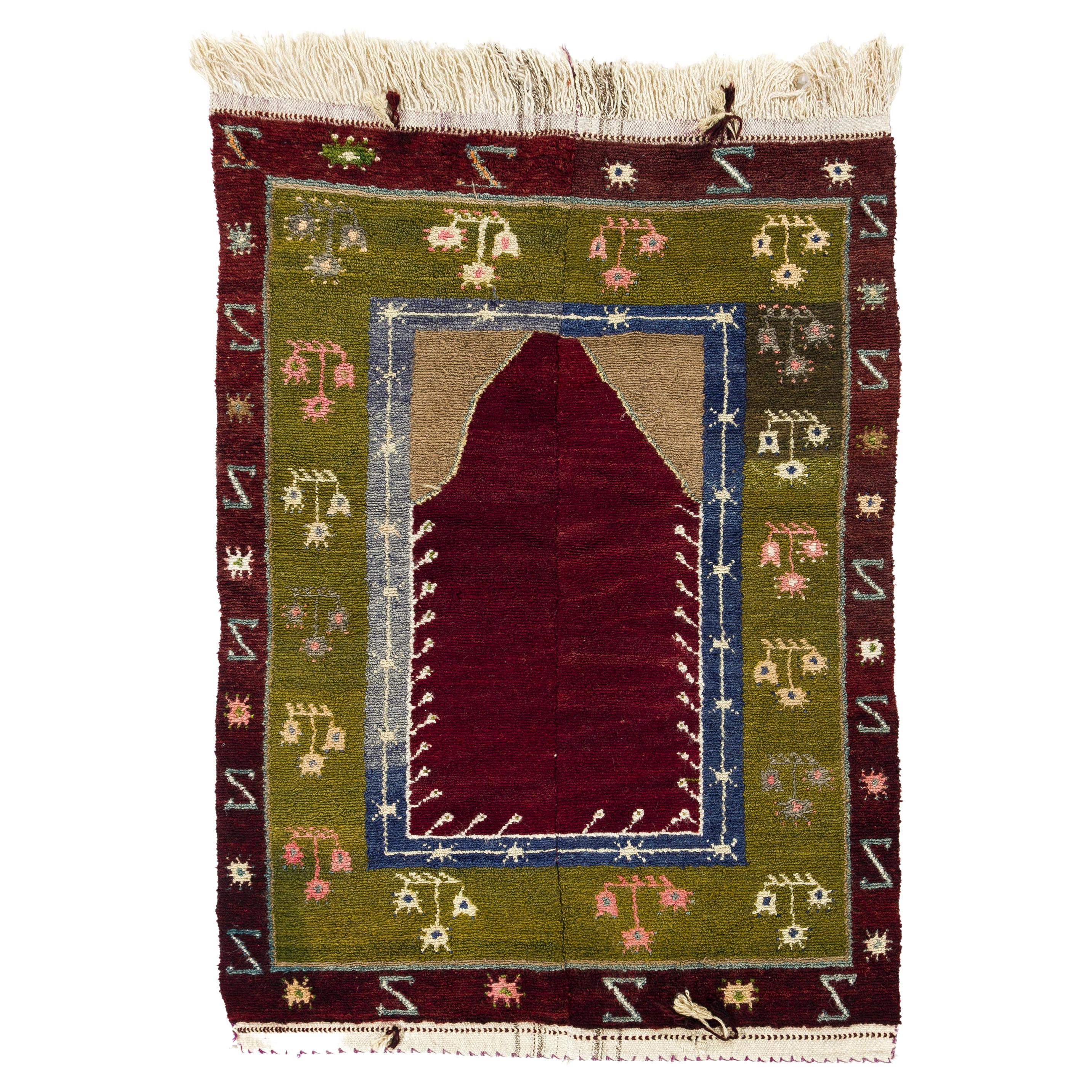 4x5.5 Ft Vintage Turkish Tulu Accent Rug, One of a Kind Design, 100% Wool For Sale