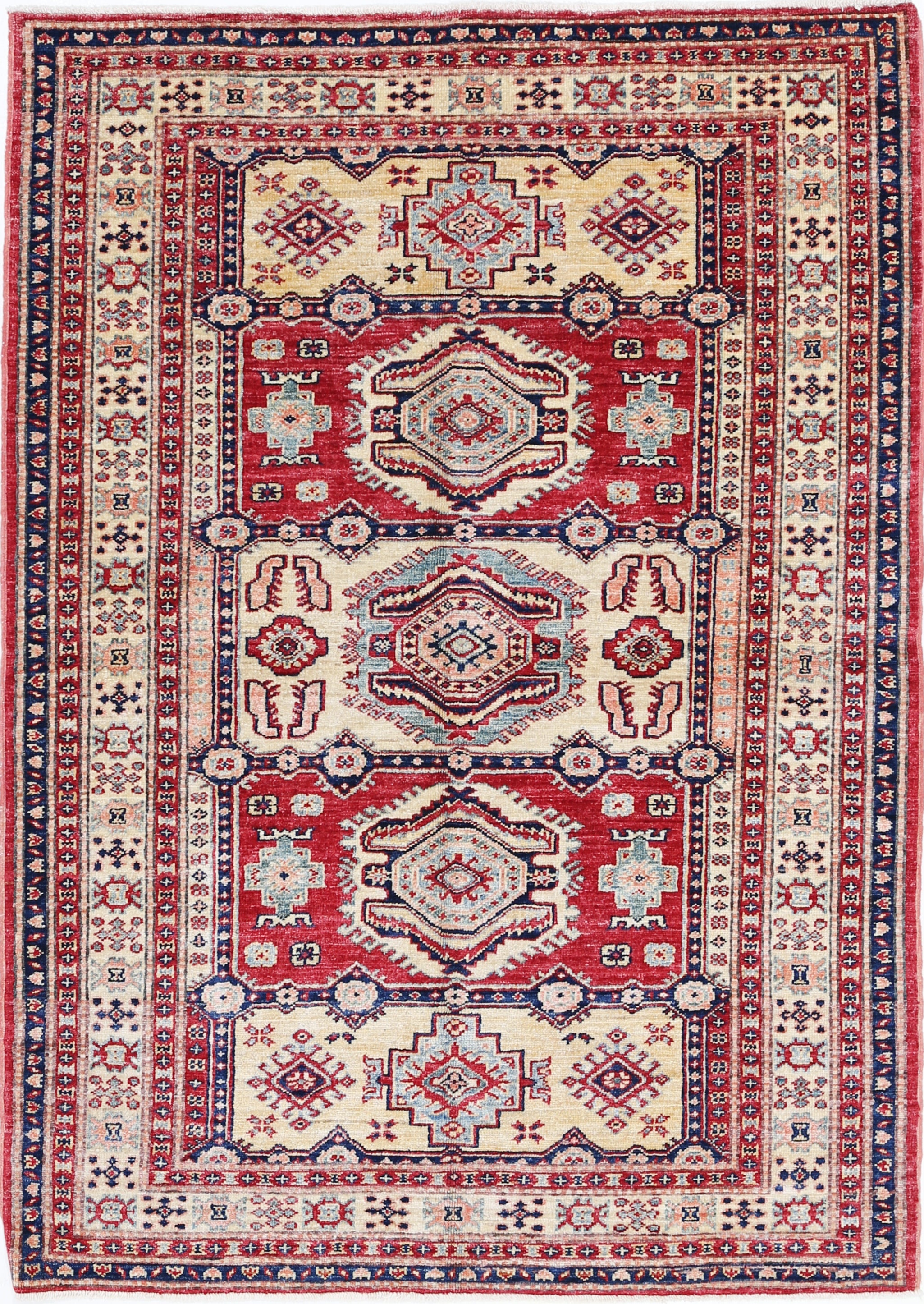 4x5.6 ft Handmade Red, Navy Blue, Ivory Wool Rug with Geometric Medallion Design