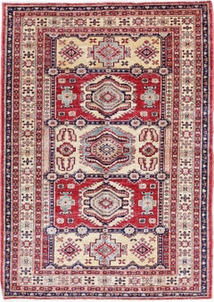 4x5.6 ft Handmade Red, Navy Blue, Ivory Wool Rug with Geometric Medallion Design