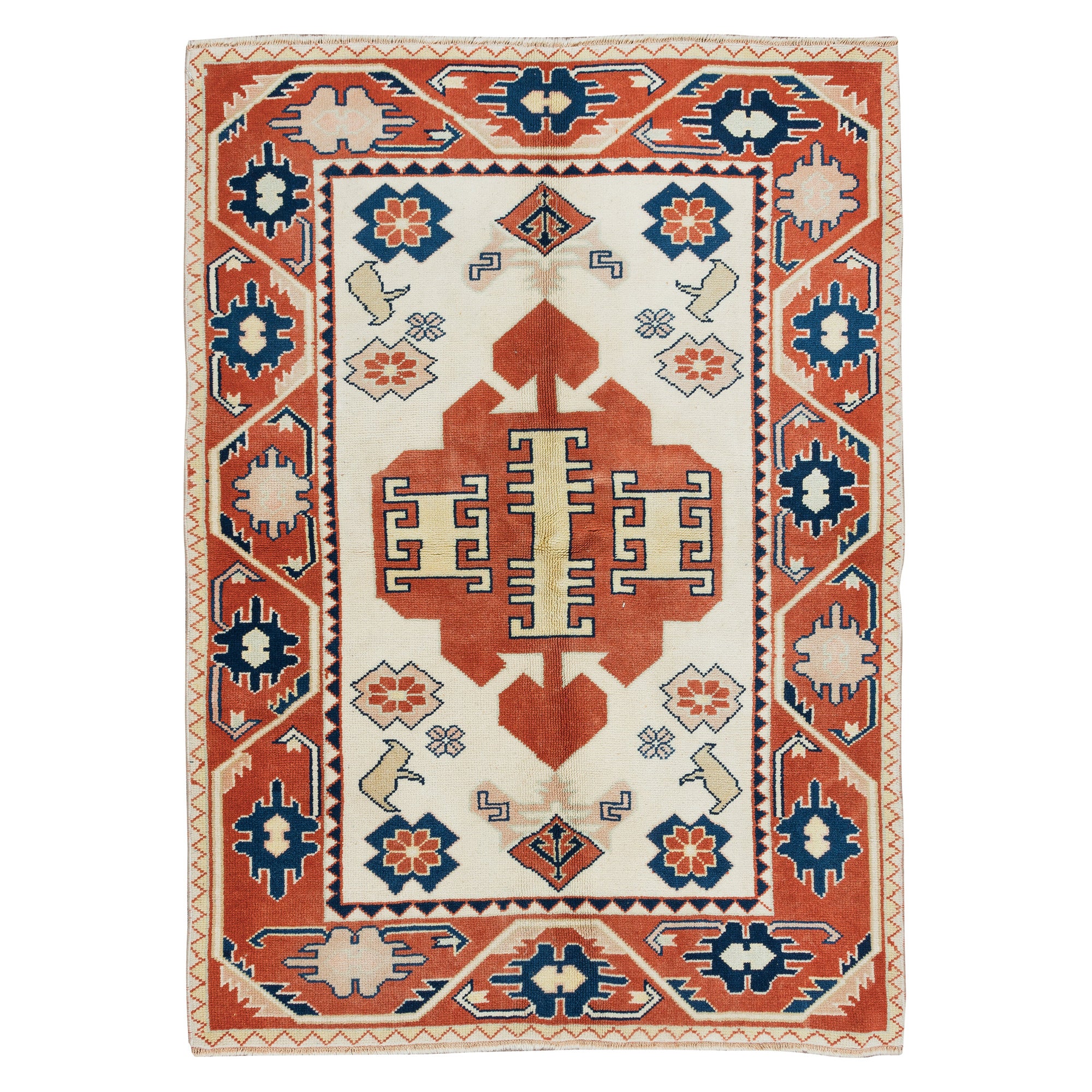 Tappeto turco geometrico moderno fatto a mano 4x5.6 Ft nei colori crema, rosso e blu in vendita