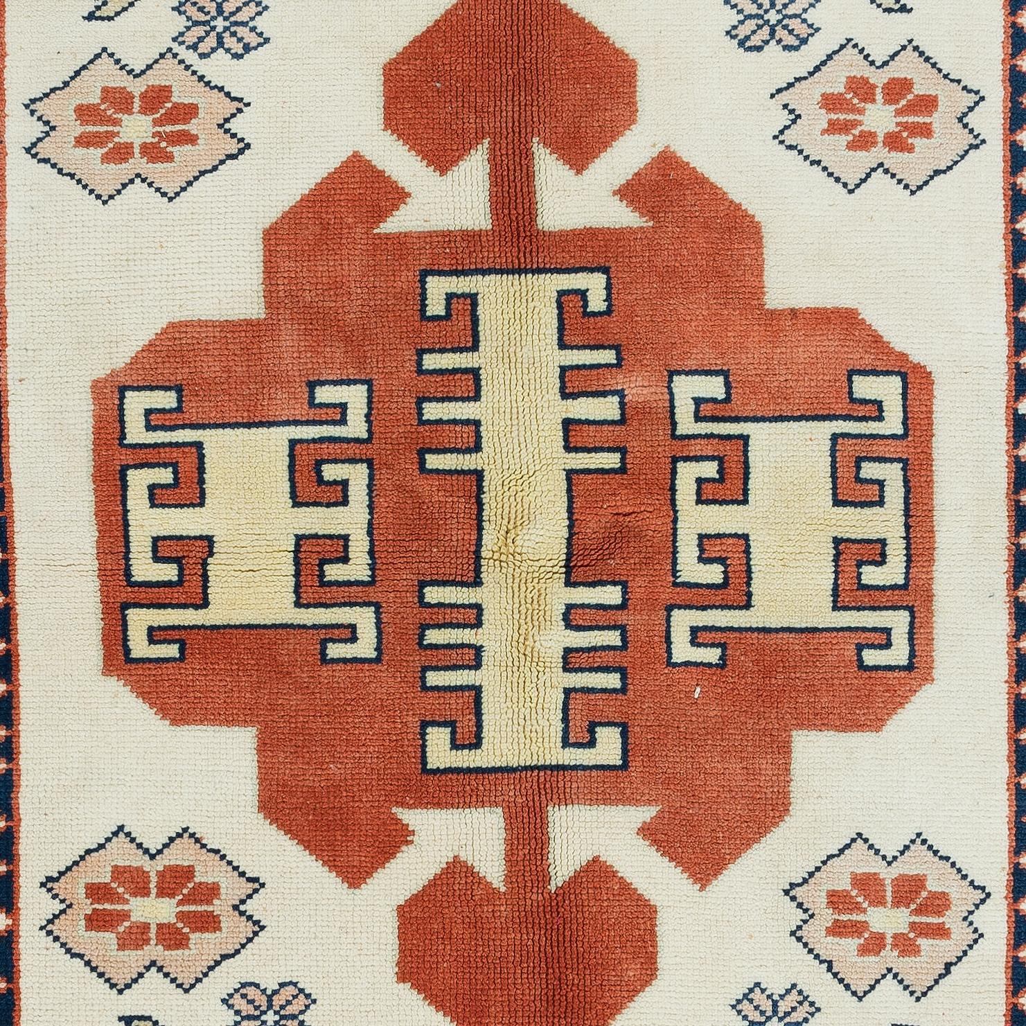 Hand-Knotted 4x5.6 Ft Vintage Handmade Geometric Turkish Rug in Cream, Red and Blue Colors For Sale
