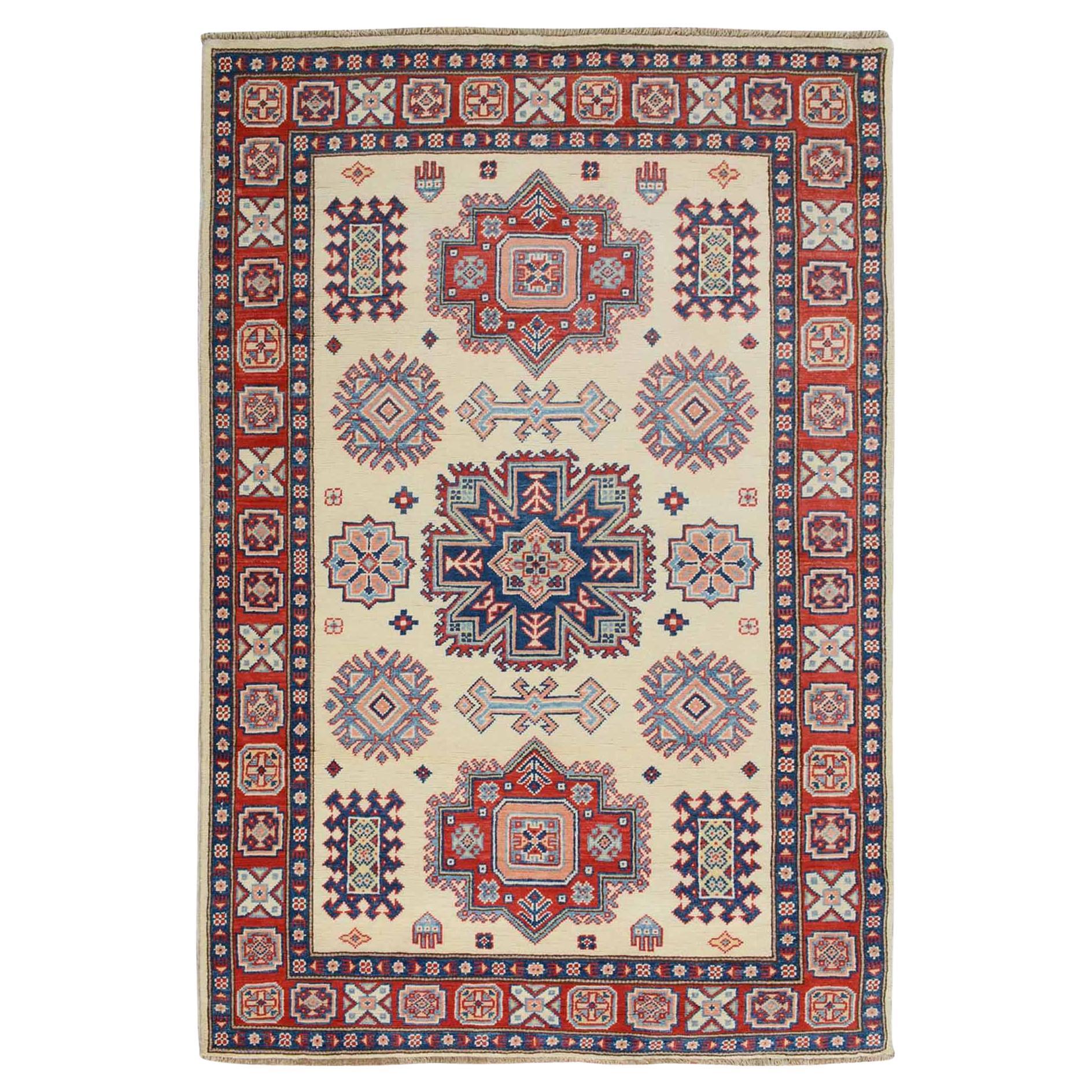 4'x5'6" Ivory Special Kazak Tribal Design Pure Wool Hand Knotted Oriental Rug For Sale