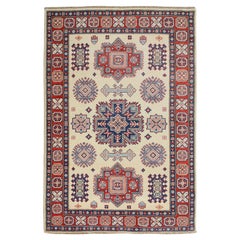 4'x5'6" Ivory Special Kazak Tribal Design Pure Wool Hand Knotted Oriental Rug