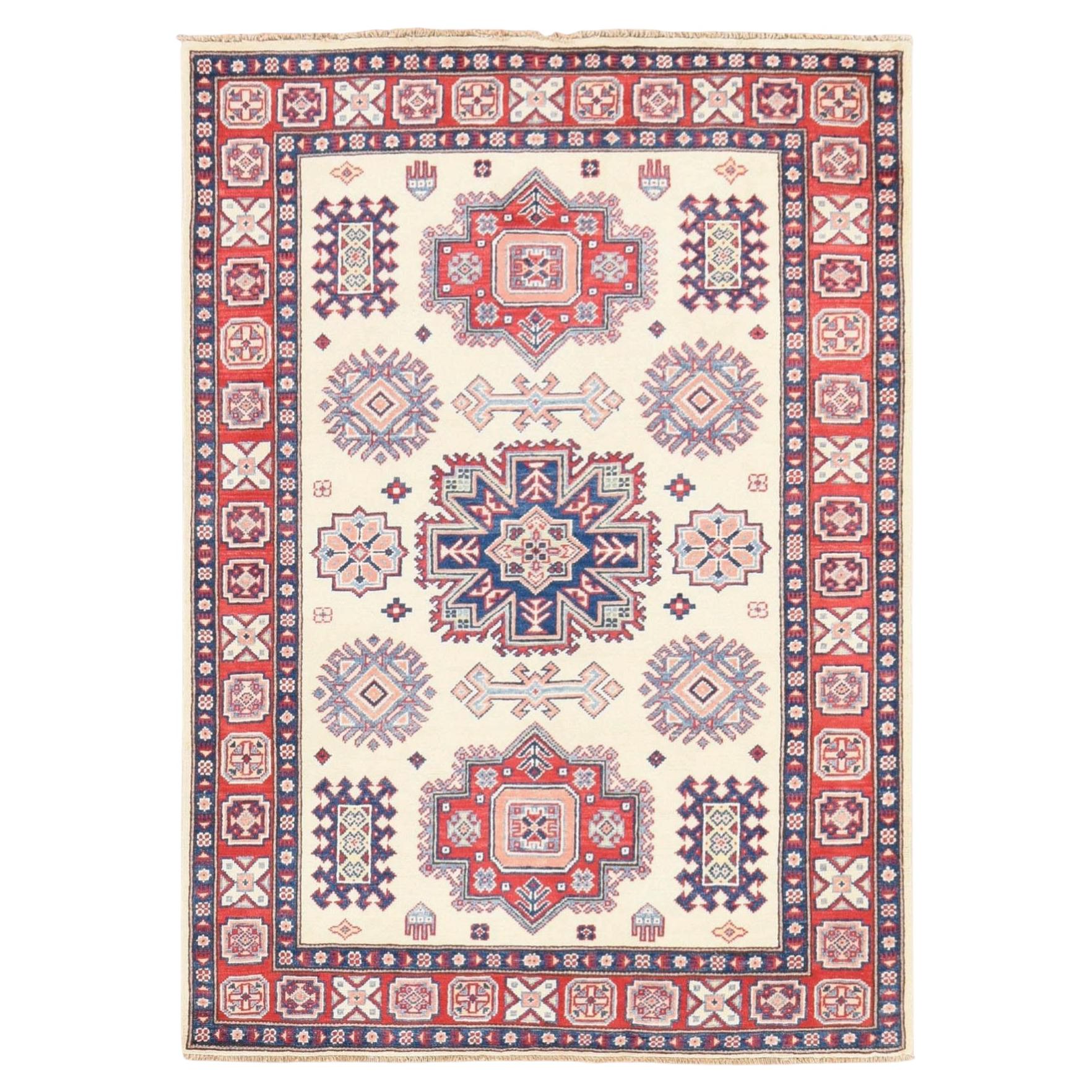 4'x5'6" Ivory Special Kazak Tribal Design Pure Wool Hand Knotted Oriental Rug