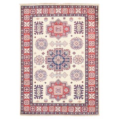 4'x5'6" Ivory Special Kazak Tribal Design Pure Wool Hand Knotted Oriental Rug