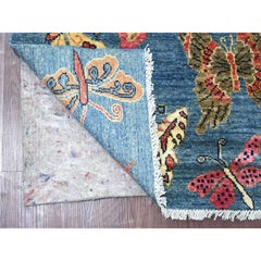4'x5'7" Blue Afghan Peshawar Colorful Butterfly Design Wool Hand Knotted Rug