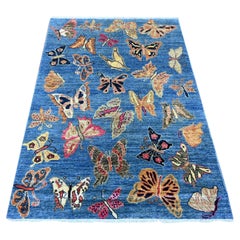 4'x5'7" Blue Afghan Peshawar Colorful Butterfly Design Wool Hand Knotted Rug