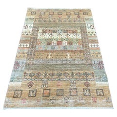 4'x5'7" Brown Kashkuli Gabbeh Animal Figurines Hand Knotted Wool Oriental Rug