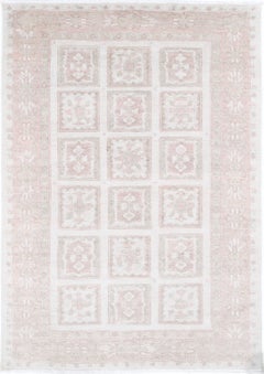 4x5.7 ft Hand Knotted Blush and Ivory Wool Area Rug. Panel Design Accent Rug