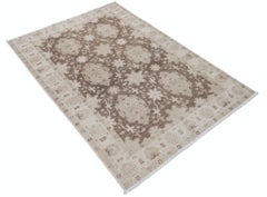4x5.7 ft Handknotted Brown, Ivory Area Rug. Traditional Floral Design Accent Rug