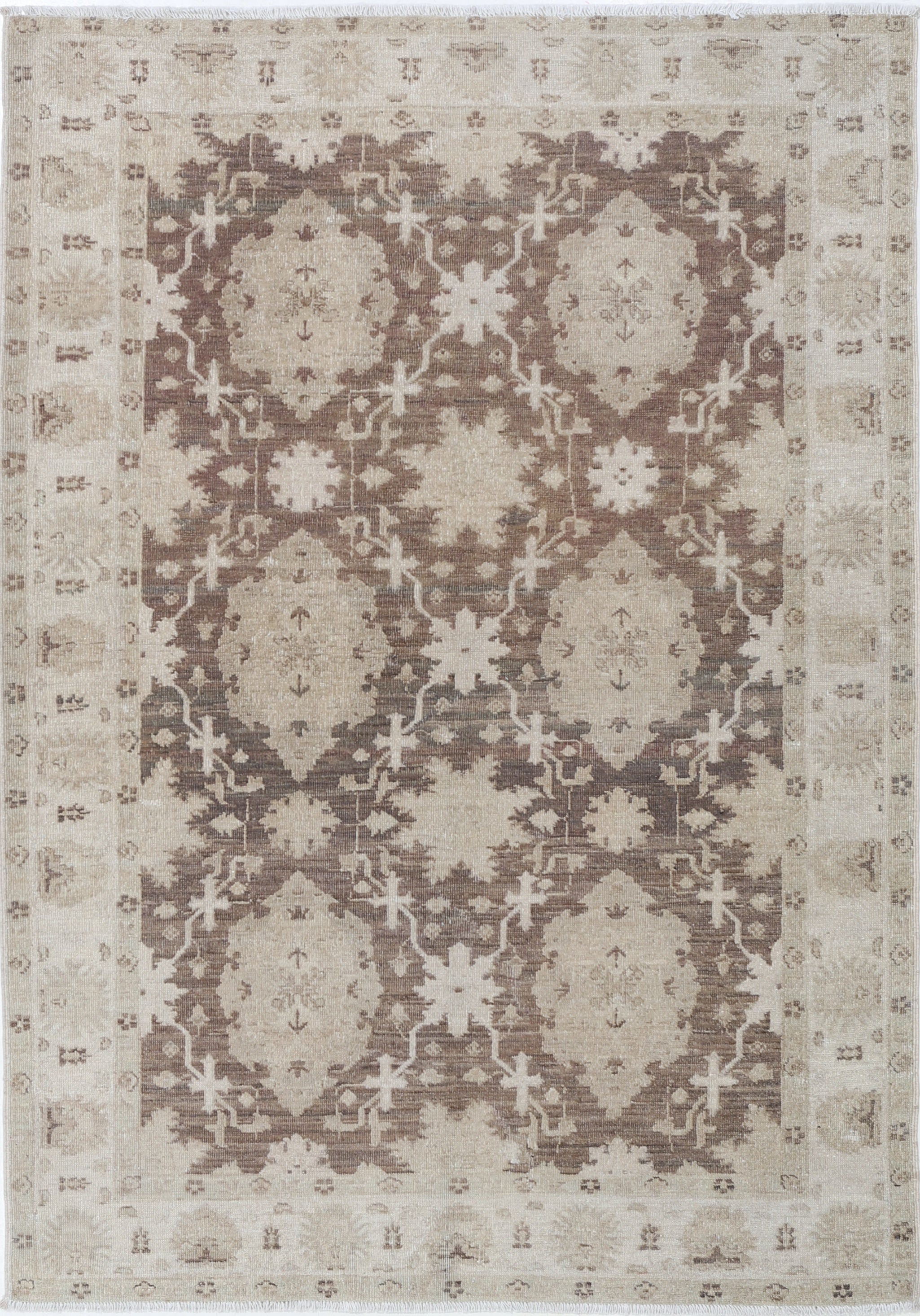 4x5.7 ft Handknotted Brown, Ivory Area Rug. Traditional Floral Design Accent Rug For Sale